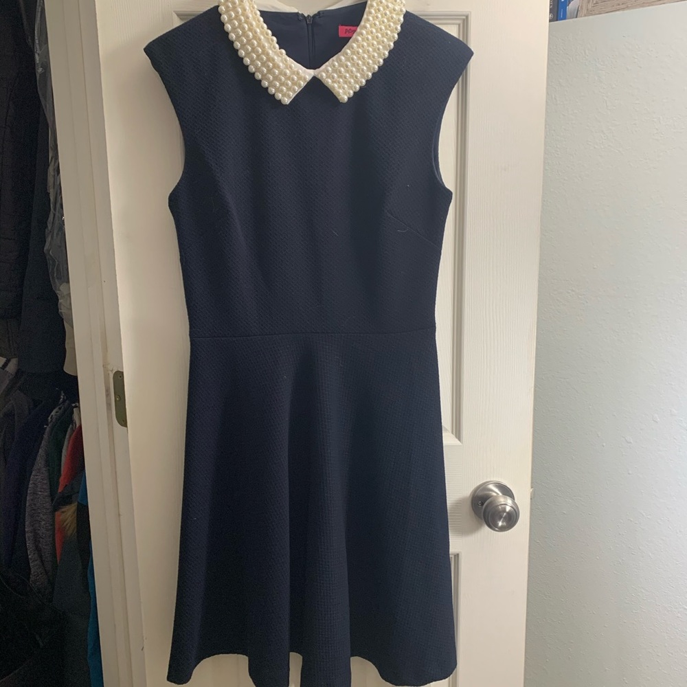 Betsey Johnson navy dress with pearl collar